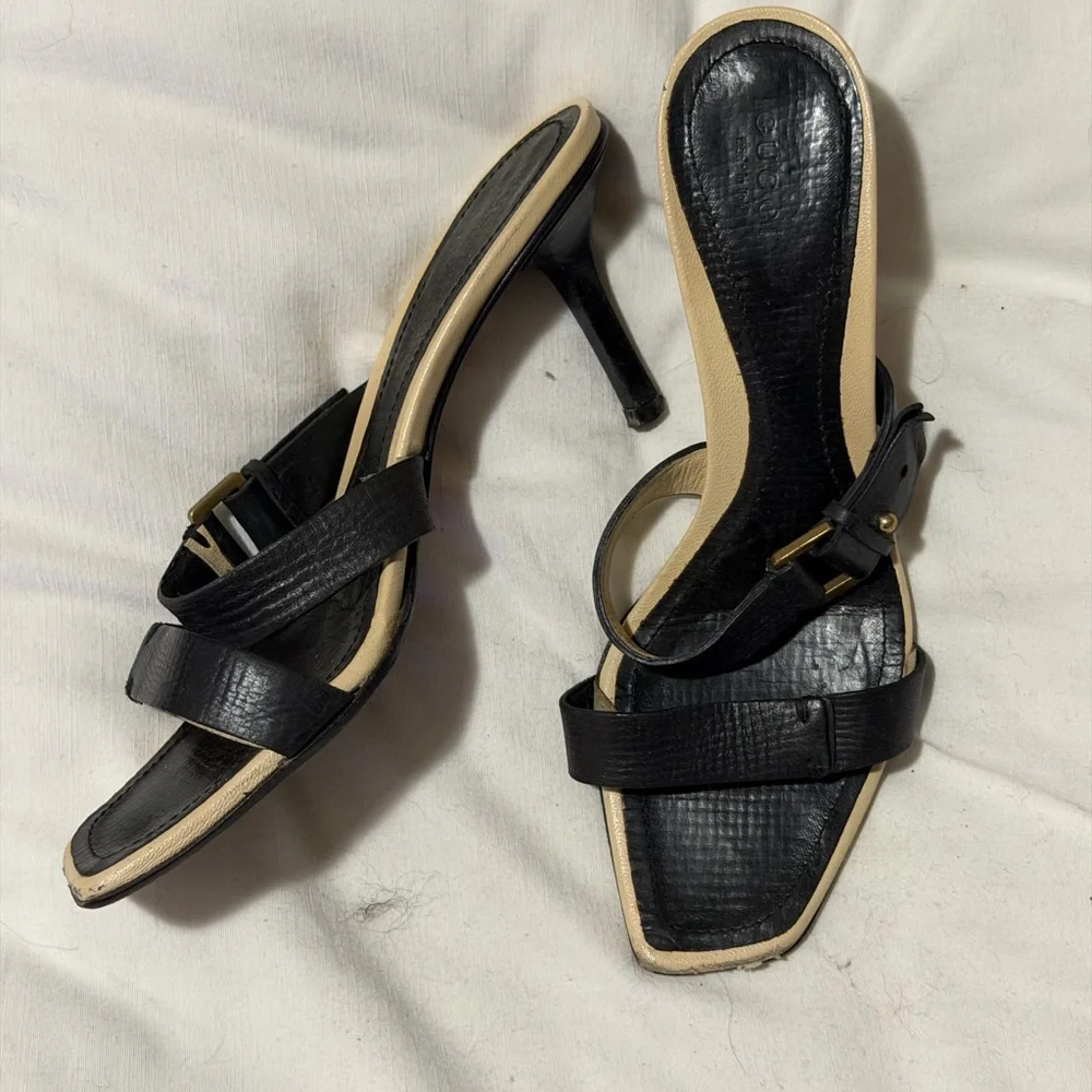 Gucci Black Leather Square-Toe Slide Heels with Ankle Strap